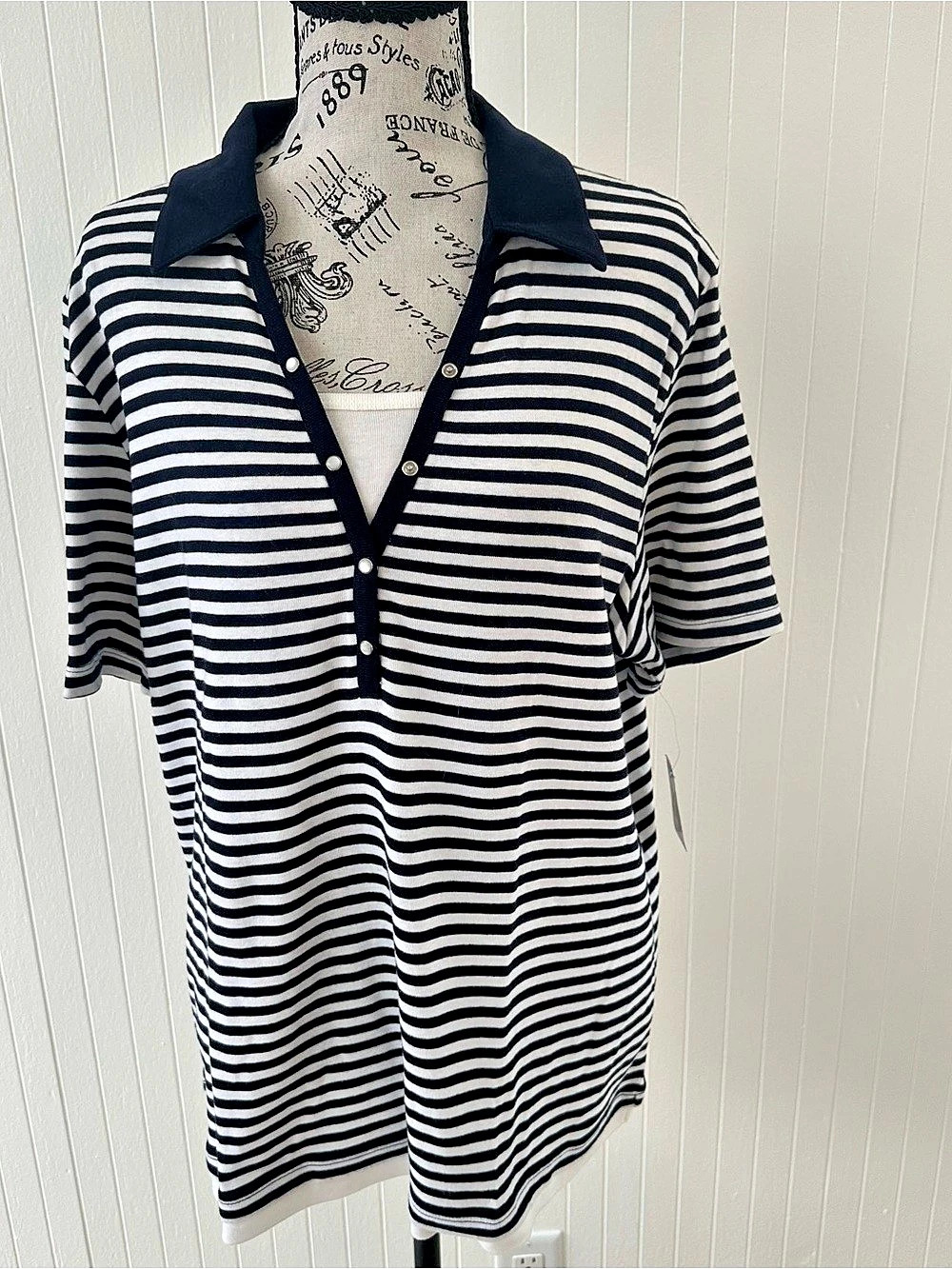 Karen Scott Striped Polo Top in Black & White XL Like New